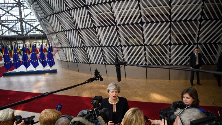 BRUSSELS, BELGIUM - JUNE 22: British Prime Minister Theresa May arrives at the EU Council headquarters ahead of a European Council meeting on June 22, 2017 in Brussels, Belgium. In the first European summit since she lost her Commons majority in the general election, Prime Minister Theresa May will outline her plans for the issue of expats&#39; rights after Brexit. (Photo by Leon Neal/Getty Images)