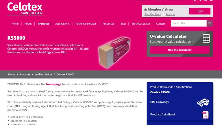 A screengrab of the Celotex website advertising the properties of the insulating material RS5000