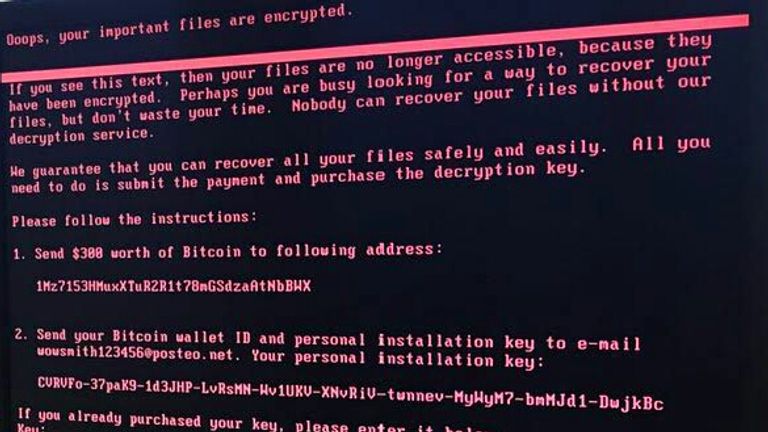 Picture of a computer screen displaying the message shown to hacked computers