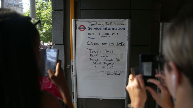 A sign at Finsbury Park Tube station in the aftermath of the attack by a 48-year-old man