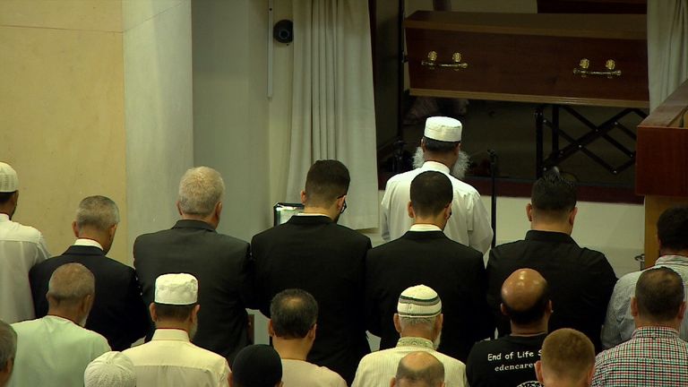 Mourners at the funeral at the East London Mosque