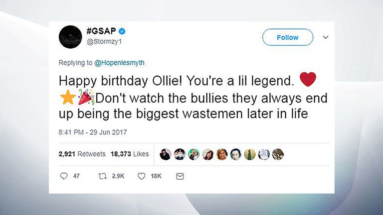 Grime star Stormzy replied to an appeal for birthday messages for bullied nine-year-old Ollie 