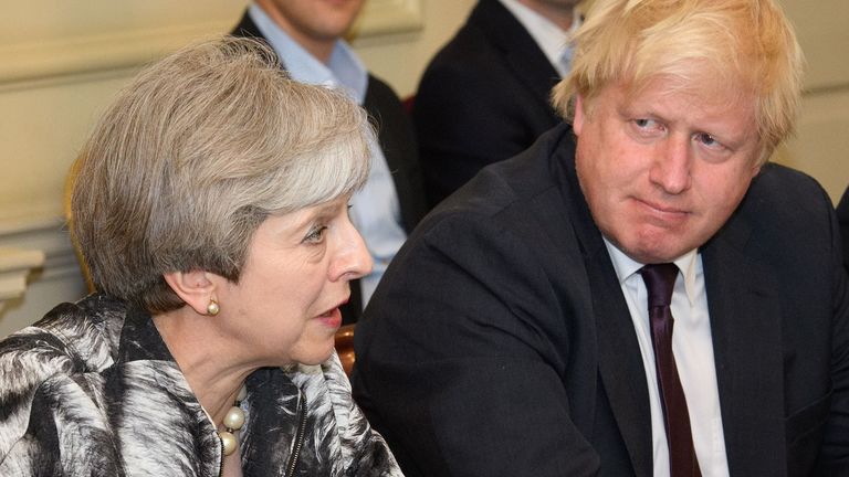 Theresa May and Boris Johnson at her first Cabinet meeting since the election