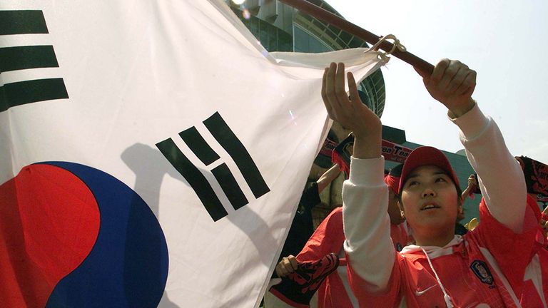 A fan waves a flag during the 2002 World Cup hosted by Japan and South Korea