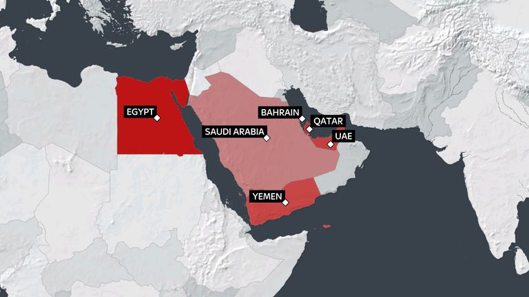 Map of the countries isolating Qatar