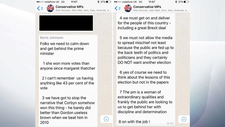 Boris Johnson wrote the message to a closed group of MPs on WhatsApp
