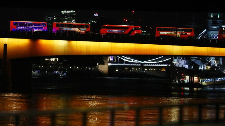 Idle buses are seen from the west side of London Bridge after an incident in the area in London,