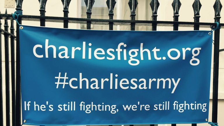 A banner hung on the railings of Great Ormond Street Hospital