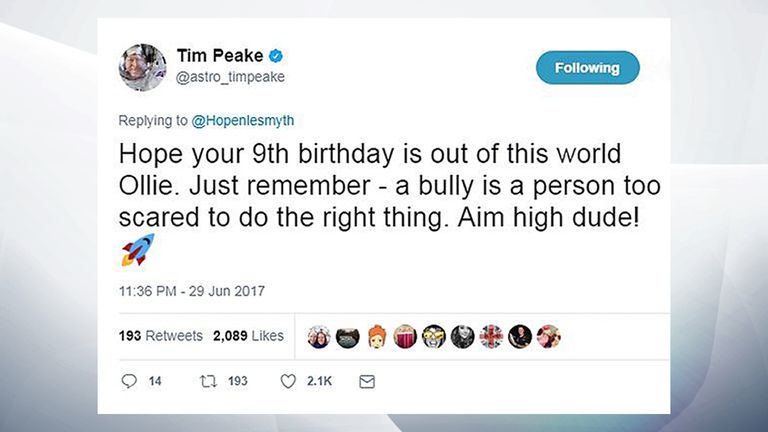 Astronaut Tim Peake told young Ollie to 'aim high'