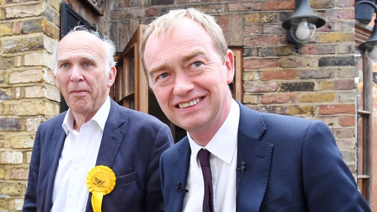 Tim Farron (right) and Vince Cable during a visit to Twickenham on the campaign trail