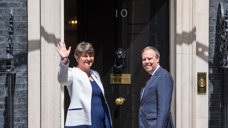 DUP leader Arlene Foster and deputy leader Nigel Dodds arrive at Downing Street