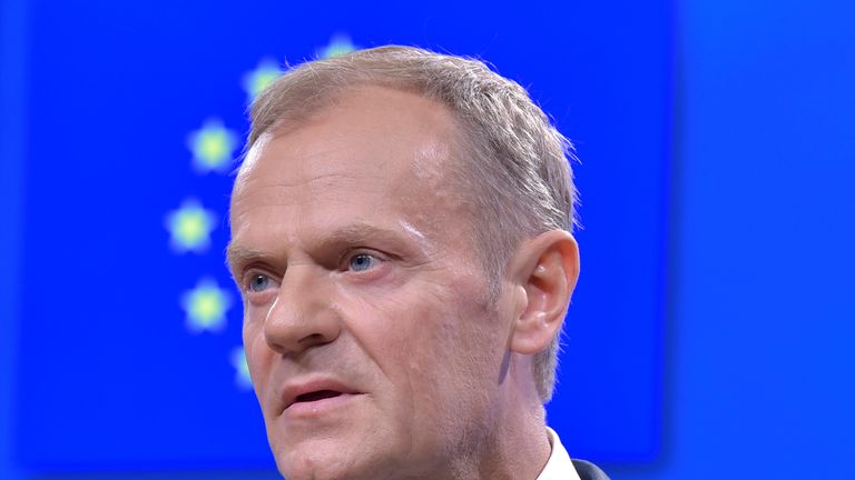 Donald Tusk gives a joint news conference with Ukrainian President Petro Poroshenko (not pictured) 