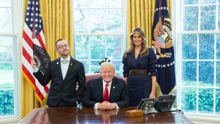 Rhode Island Teacher of the Year 2017 Nikos Giannopoulos poses with Donald and Melania Trump
