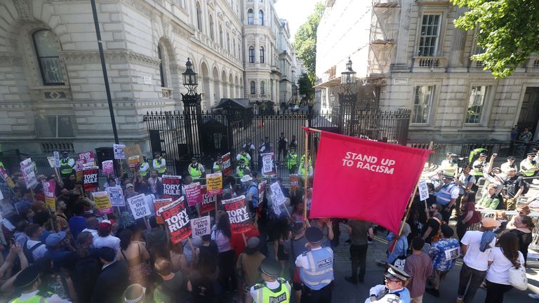 Protesters outside Downing Street to voice their anger at Theresa May&#39;s alliance with the DUP.