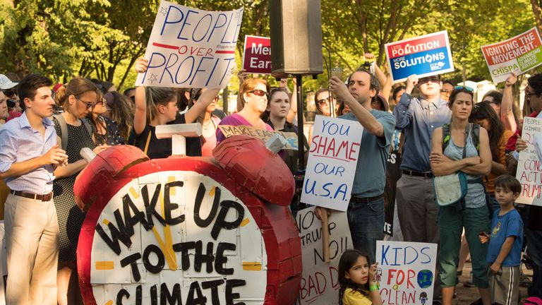 Protesters outside the White House on the day Donald Trump withdrew US from Paris climate deal