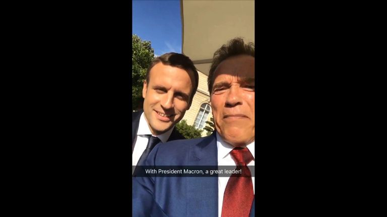 Arnold Schwarzengger has shared a video of his meeting with French President Emmanuel Macron.