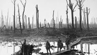Australian troops walking along duckboards through the remains of Chateau Wood. Pic: Granger/REX/Shutterstock