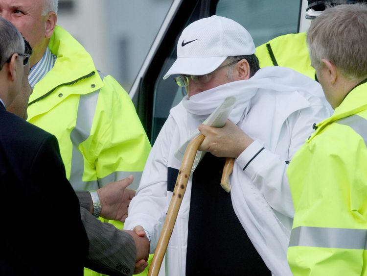 Lockerbie bomber Abdelbaset Ali al-Megrahi arrives at Glasgow airport 