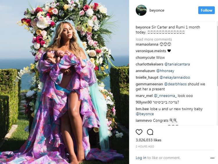 Beyonce posted the image on Instagram to mark a month since the twins were born