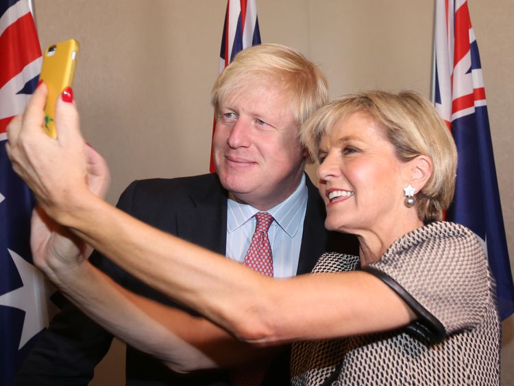 British Foreign Secretary Boris Johnson shares a selfie with his Australian counterpart Julie Bishop