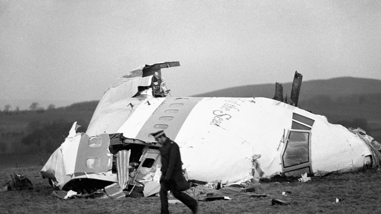 The wrecked nose section of the Pan-Am Boeing 747 lies in a Scottish field at Lockerbie, near Dumfries