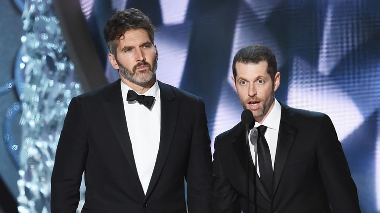 LOS ANGELES, CA - SEPTEMBER 18: Writer/producers David Benioff (L) and D.B. Weiss accept Outstanding Writing for a Drama Series for &#39;Game of Thrones&#39; episode &#39;Battle of the Bastards&#39; onstage during the 68th Annual Primetime Emmy Awards at Microsoft Theater on September 18, 2016 in Los Angeles, California. (Photo by Kevin Winter/Getty Images)
