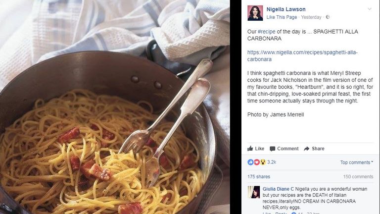 Nigella Lawson accused of 'ruining' carbonara recipe | Ents & Arts News |  Sky News