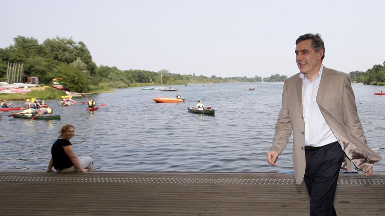 Gordon Brown walks through Whitlingham Country Park in Trowse, Norfolk in 2008
