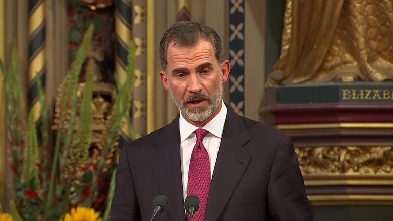 King Felipe of Spain addresses MPs and Peers at the Royal Gallery in the Houses of Parliament
