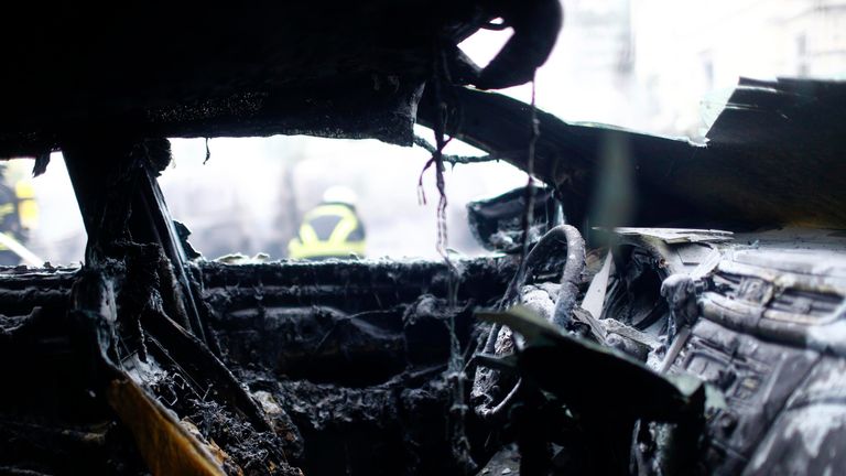 The interior of a burnt out car 