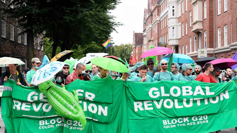 Protestors stage a demonstration during the G20 summit in Hamburg