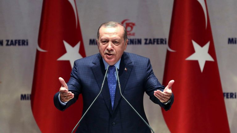 Turkish President Recep Tayyip Erdogan speaks during a book launch ceremony marking the last year's failed coup