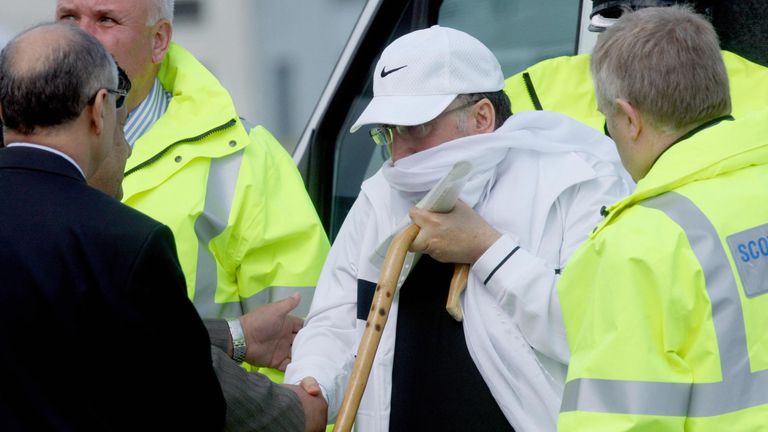 Lockerbie bomber Abdelbaset Ali al-Megrahi arrives at Glasgow airport 
