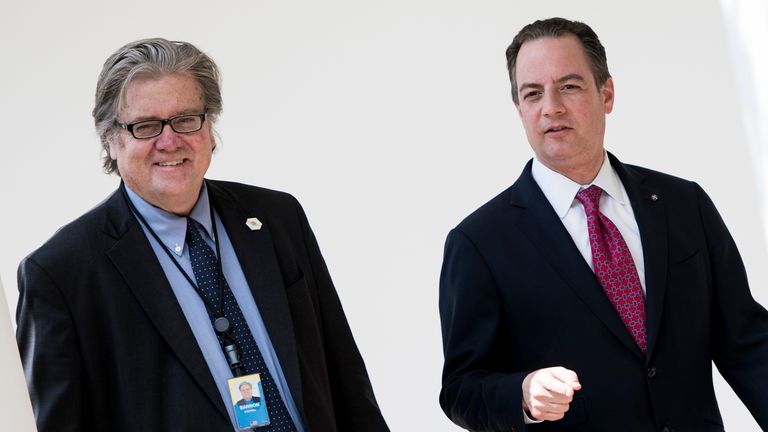 Steve Bannon (left) and White House chief of staff Reince Priebus in April