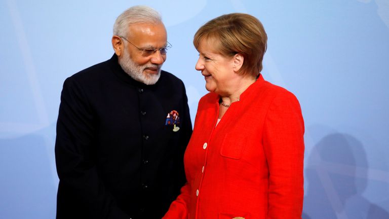 German Chancellor Angela Merkel welcomes India&#39;s Prime Minister Narendra Modi 