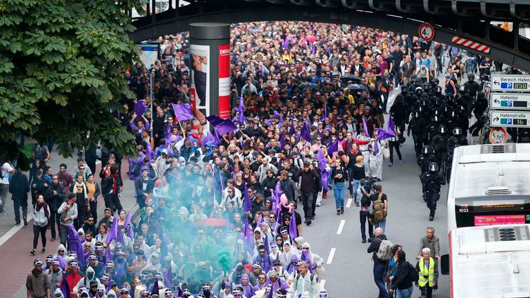 Anti-G20 protesters try to breach the security zone and disrupt the G20 summit in Hamburg