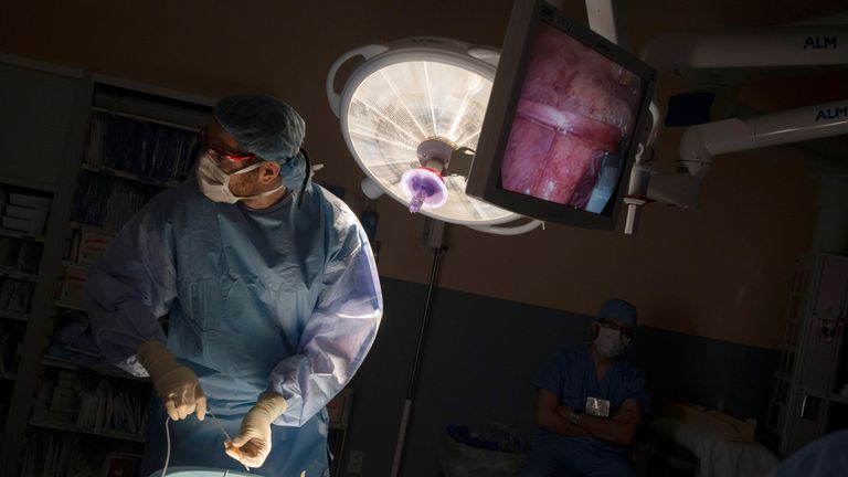 Surgeon Karim Zalazun looks at a monitor displaying a donor kidney for patient Adam Abernathy, who participated in a five-way organ transplant swap, in New York, August 1, 2012