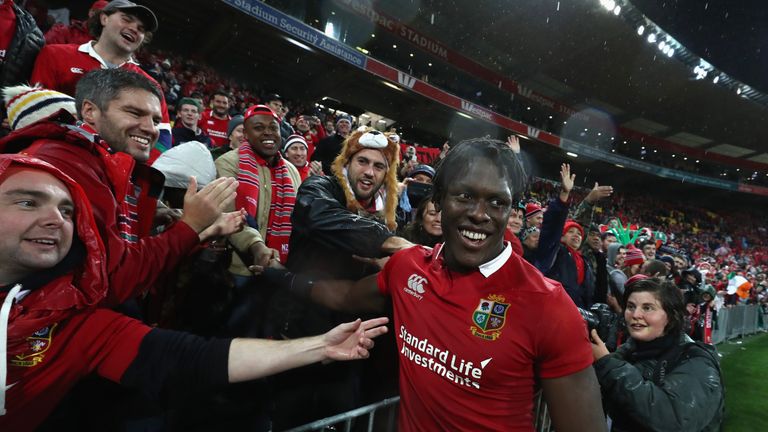Maro Itoje of the Lions celebrates with friends and family after their victory during the match between the New Zealand All Blacks and the British & Irish Lions at Westpac Stadium on July 1, 2017 in Wellington, New Zealand