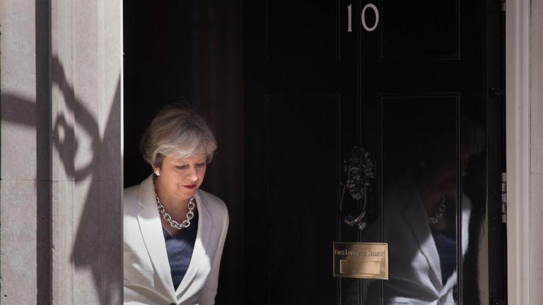 Theresa May waits to welcome Estonian Prime Minister Juri Ratas to Downing Street