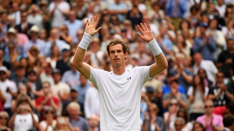 LONDON, ENGLAND - JULY 03: Andy Murray of Great Britain acknowledges the crowd as he celebrates victory after the Gentlemen&#39;s Singles first round match against Alexander Bublik of Kazakhstan on day one of the Wimbledon Lawn Tennis Championships at the All England Lawn Tennis and Croquet Club on July 3, 2017 in London, England. (Photo by David Ramos/Getty Images)