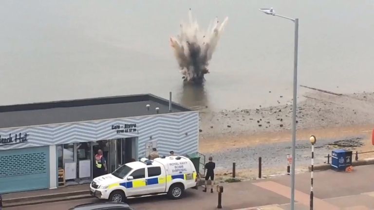 Royal Navy carry out controlled explosion of WWII bomb found near shore in Southend