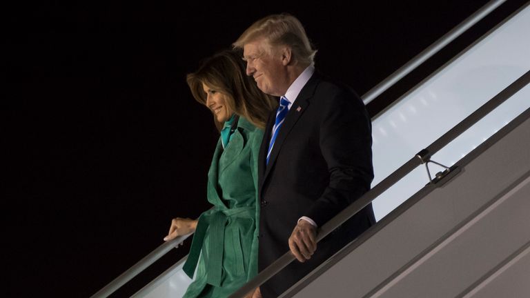President Trump arrives in Warsaw with his wife Melania