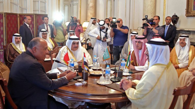 Egyptian Foreign Minister Sameh Shoukry (L), Bahraini Foreign Minister Khalid bin Ahmed al-Khalifa (2nd-L), Saudi Foreign Minister Adel al-Jubeir (2nd-R), and UAE Minister of Foreign Affairs and International Cooperation Abdullah bin Zayed Al-Nahyan (R) 