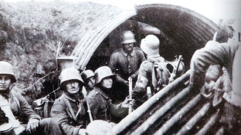 German soldiers in a trench tunnel protected with metal sheets. Pic: SeM/REX/Shutterstock