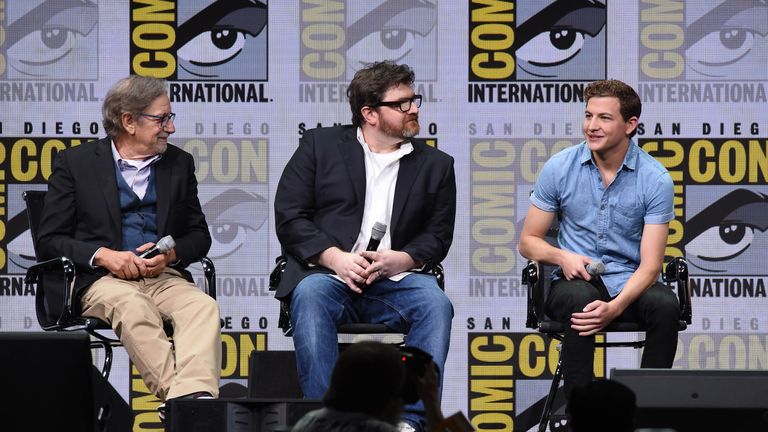 Spielberg, Cline and actor Tye Sheridan speaking at Comic-Con 2017