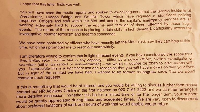 The letter from Met Police deputy commissioner Craig Mackey