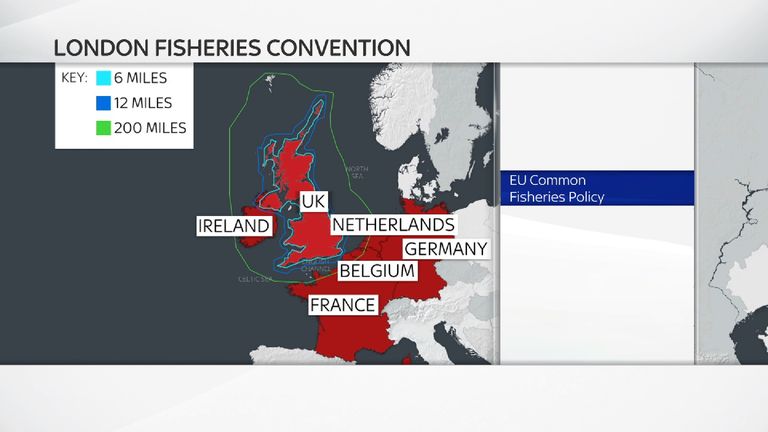 The area covered by the London Fisheries Convention (blue) and EU Common Fisheries Policy (green)