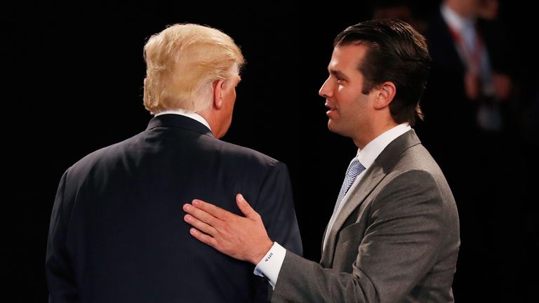 Donald Trump Jr greets his father during the US election campaign in October last year