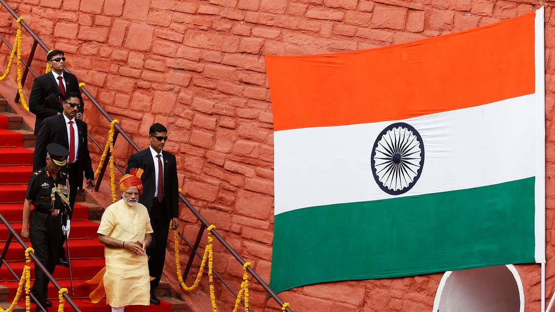Indian Prime Minister Narendra Modi leaves after addressing the nation from the historic Red Fort