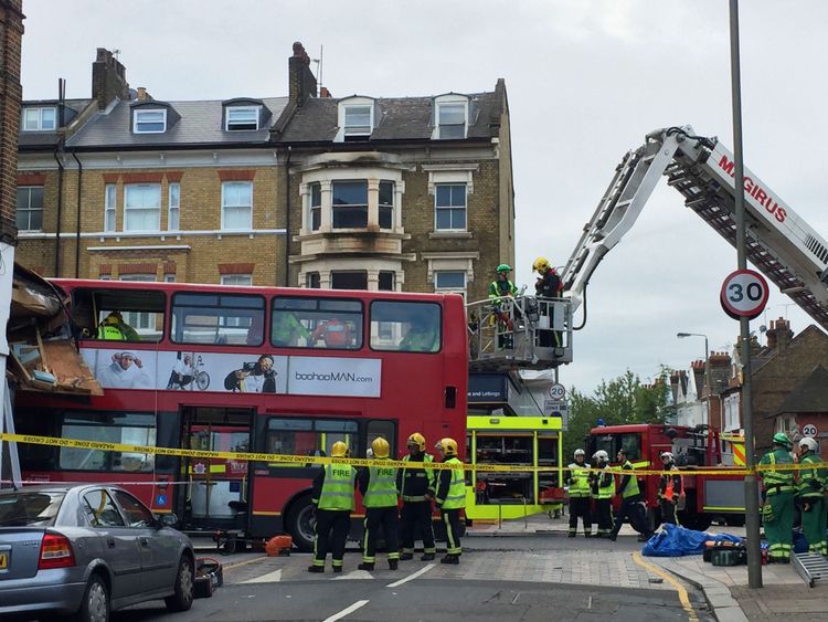 A double-decker bus has crashed into a store in Lavender Hill, a busy London high street near Clapham Junction, on 10 August 2017